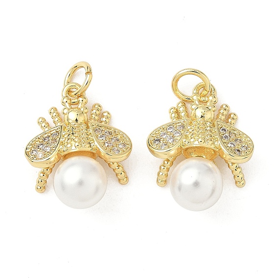 Латунные микро проложить кубического циркония подвески, Пчелы, с ABS имитации жемчуга, без свинца и без кадмия, стойки покрытие, долговечный, с целью перехода в кольце