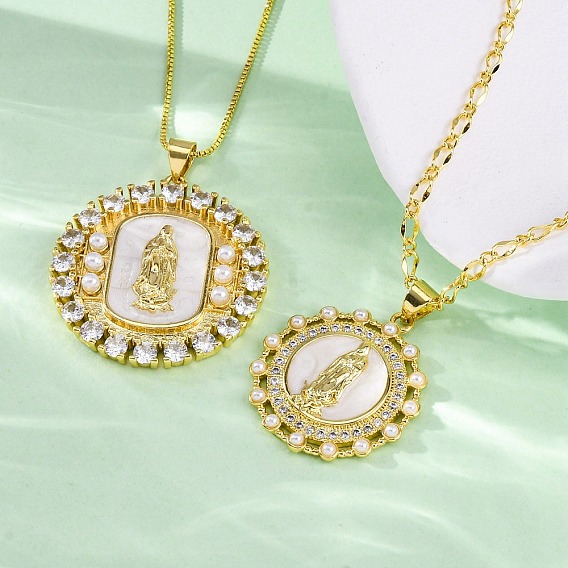 Латунные прозрачные кубические цирконии плоские круглые с подвеской Девы Марии, с пластиковой жемчужиной и ракушкой