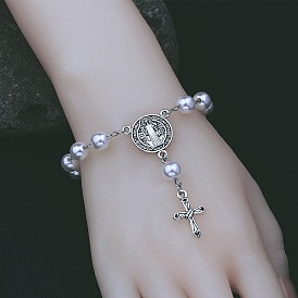 Cross & Saint Benedict Alloy Charm Bracelet, with Plastic Pearl Beads Chains
