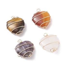 Natural Green Aventurine & Rose Quartz & Red Agate & Tiger Eye & Amethyst Pendants, with Real 18K Gold Plated Copper Wire wrapped, Heart