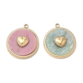 Natural Gemstone Pendants, 304 Stainless Steel Flat Round with Heart Bezeled Charms, Ion Plating(IP), Real 14K Gold Plated