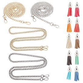 Iron Bag Strap Chains, Curb Chains, with Swivel Lobster Claw Clasps, Faux Suede Tassel Pendant