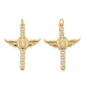 Brass Micro Pave Cubic Zirconia Pendants, with Jump Rings, Nickel Free, Cross with Virgin