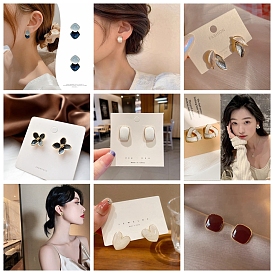Square/Heart/Triangle/Butterfly Alloy Enamel Stud Earrings, with 925 Sterling Silver Pins, Golden