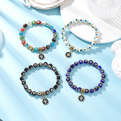 Браслеты с подвесками из сплава с эмалью и плоскими круглыми крестами, Комплекты браслетов ручной работы из бисера и бусин от сглаза для мужчин и женщин, золотой свет