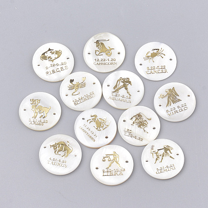 Freshwater Shell Links/Connectors, with Brass Findings, Flat Round with Constellation