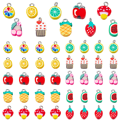 160Pcs 10 Style Handmade Polymer Clay Charms, with Platinum Tone Iron Loops, Fruit