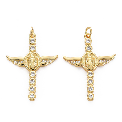 Brass Micro Pave Cubic Zirconia Pendants, with Jump Rings, Nickel Free, Cross with Virgin