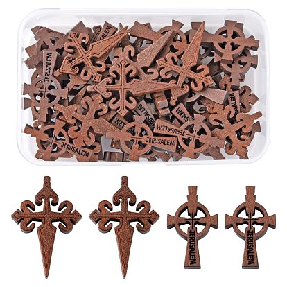 40Pcs 2 Style Wooden Pendants, Religion, Dyed, Cross with Word Jerusalem & Cross