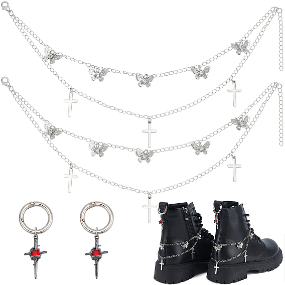 4шт. 2 стили латунные витые цепочки, цепочки для ремешков сапог и наборы подвесок для обуви из сплава со стразами, с подвеской из сплава и застежками-карабинами