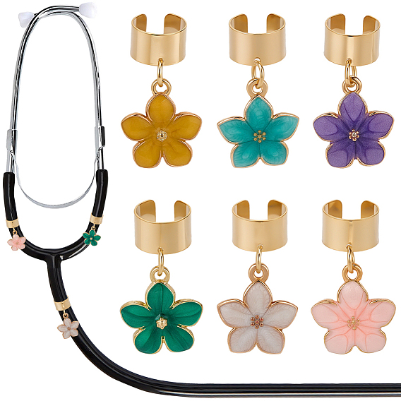 6 шт 6 цвета сплав эмаль стетоскоп подвеска украшения, цветок, с 304 фурнитурой из нержавеющей стали, золотые