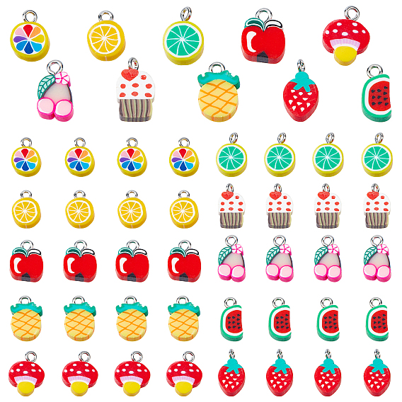 160Pcs 10 Style Handmade Polymer Clay Charms, with Platinum Tone Iron Loops, Fruit