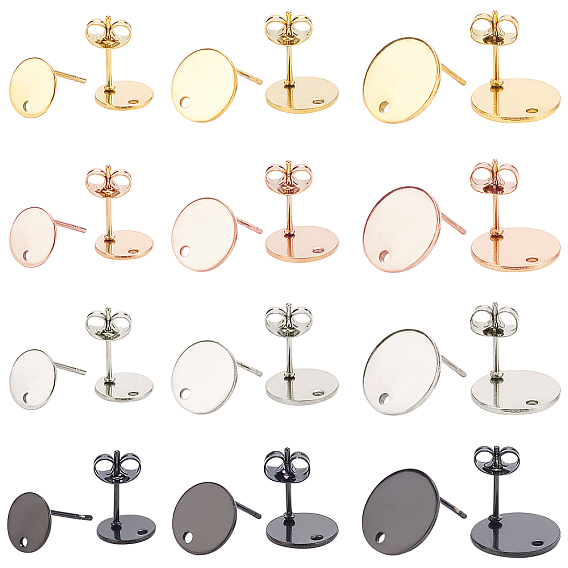 48Pcs 4 Colors PVD Vacuum Plating 304 Stainless Steel Stud Earring Findings, with Loop and Flat Plate, Earring Backs, Flat Round