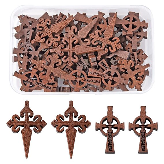 40Pcs 2 Style Wooden Pendants, Religion, Dyed, Cross with Word Jerusalem & Cross