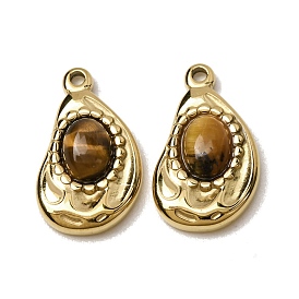 Natural Tiger Eye Pendants, 303 Stainless Steel Teardrop Bezeled Charms, Ion Plating(IP)