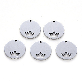 201 Stainless Steel Charms, Laser Cut, Flat Round with Crown