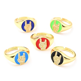 Adjustable Real 18K Gold Plated Brass Enamel Finger Ringss, with Clear Cubic Zirconia, Flat Round with Gesture Language, I Love You