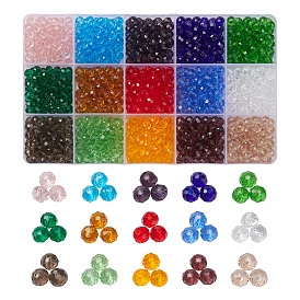 1125Pcs 15 Colors Glass Beads Strands, Faceted, Rondelle