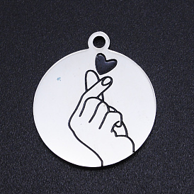 201 Stainless Steel Etched ASL Pendants, Flat Round with Gesture I Love You & Heart, for Valentine's Day
