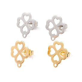 201 Stainless Steel Stud Earring Findings, with 304 Stainless Steel Pins, Horizontal Loops and Ear Nuts, Clover