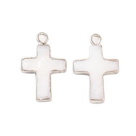 Natural Freshwater Shell Pendants, Cross Charms with Brass Edge, Silver Color Plated