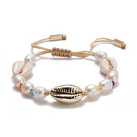 Natural Pearl & Cowrie Shell Braided Bead Bracelet, Vintage Adjustable Bracelet for Women