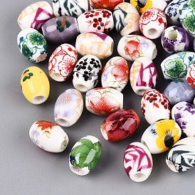 Printed Handmade Porcelain Beads, Famille Rose Porcelain, Barrel with Flower Pattern