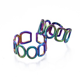 304 Stainless Steel Ring & Rectangle Wrap Cuff Ring, Rainbow Color Open Ring for Women