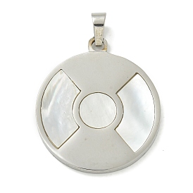 304 Stainless Steel Pave Natural Shell Pendants, Flat Round Charms