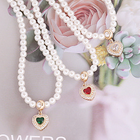 Fashionable Pearl Necklace with Sparkling Heart Pendant and Zircon Stones