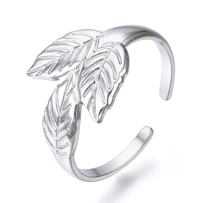 304 Stainless Steel Leaf Open Cuff Ring for Women