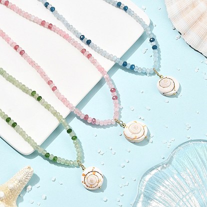 Sommerstrand-Halsketten mit Anhänger aus natürlicher Shiva-Augenmuschel, Gefärbte, natürliche malaysische Jade-Halsketten mit facettierten Rondellen für Damen, golden