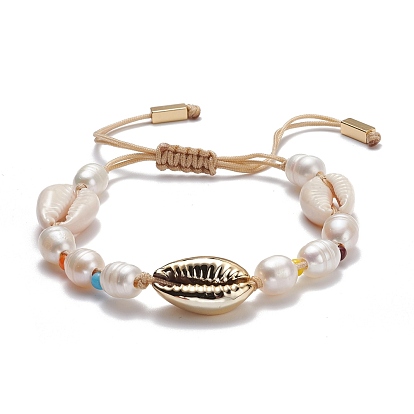 Natural Pearl & Cowrie Shell Braided Bead Bracelet, Vintage Adjustable Bracelet for Women