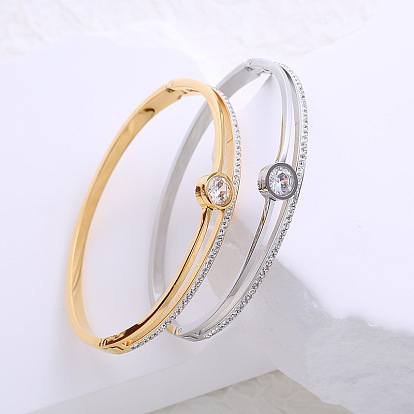 Браслеты на петлях из нержавеющей стали с прозрачными кубическими цирконами для женщин, плоско-круглые