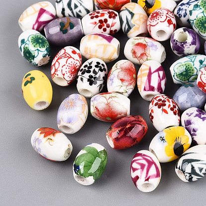 Printed Handmade Porcelain Beads, Famille Rose Porcelain, Barrel with Flower Pattern
