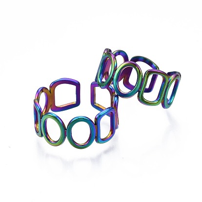 304 Stainless Steel Ring & Rectangle Wrap Cuff Ring, Rainbow Color Open Ring for Women