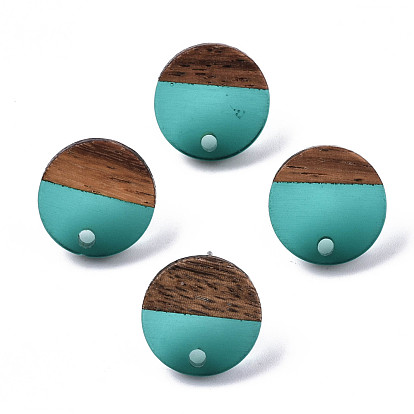 Transparent Resin & Walnut Wood Stud Earring Findings, with 304 Stainless Steel Pin, Flat Round