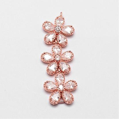 Brass Micro Pave Cubic Zirconia Links, Flower, 42x14x5mm, Hole: 1.5mm