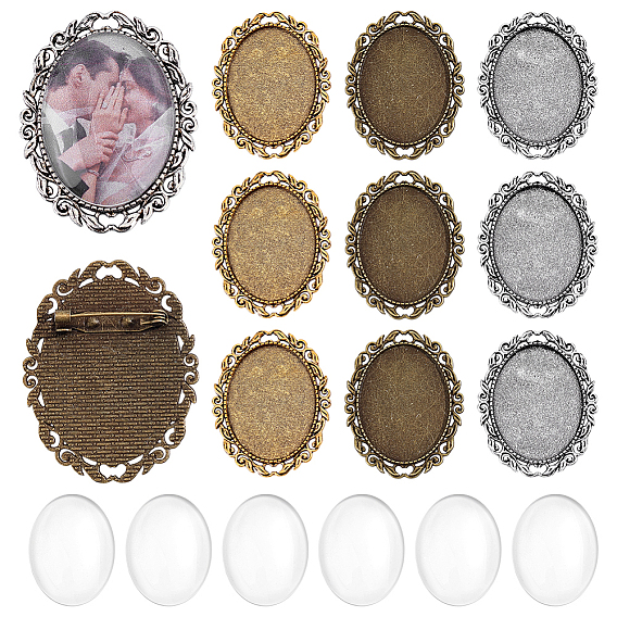 Наборы для изготовления брошей своими руками, включая 18шт. 3 стили овальных брошей из сплава с кабошонами в оправе и 18шт. стеклянных кабошонов