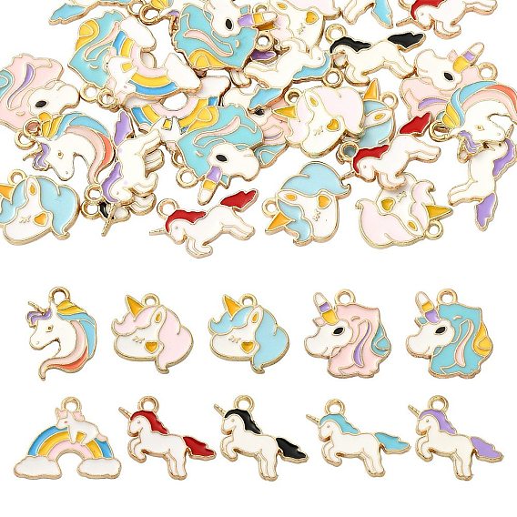 40 шт 10 стиль подвески из сплава эмали, единорог, золотой свет