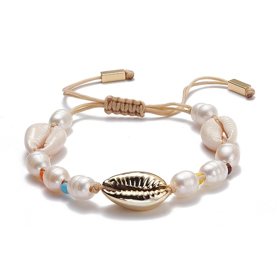 Natural Pearl & Cowrie Shell Braided Bead Bracelet, Vintage Adjustable Bracelet for Women