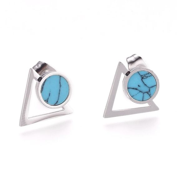 304 Stainless Steel Stud Earrings, with Synthetic Turquoise and Earring Backs, Triangle