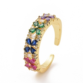 Coloridos anillos de puño abiertos con flores de circonita cúbica, joyas de latón para mujer