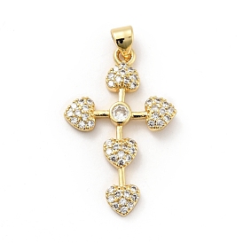 Rack Plating Brass Micro Pave Cubic Zirconia Pendants, Long-Lasting Plated, Lead Free & Cadmium Free, Cross with Heart, Religion
