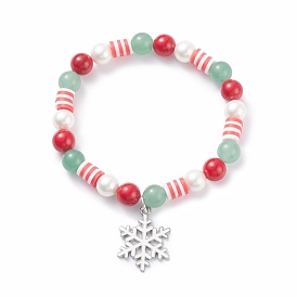 Natural Green Aventurine & Mashan Jade & Shell Pearl Stretch Bracelet with Christmas Snowflake Alloy Charm, Preppy Bracelet for Women
