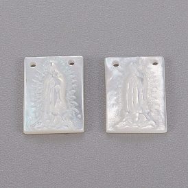 Natural White Shell Mother of Pearl Shell Charms, Rectangle with Virgin Mary