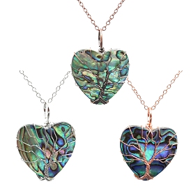 Retro DIY Handmade Peach Heart Natural Abalone Shell Pendants, Copper Wire Wrapped Tree of Life Charms