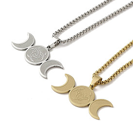 304 Stainless Steel Triple Moon Pendant Necklaces, Box Chains Jewelry for Men Women