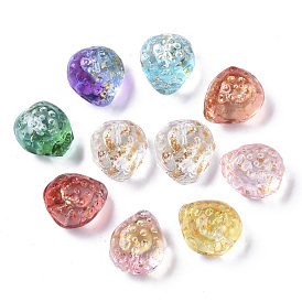 Transparent Spray Painted Glass Beads, with Golden Foil, Half Drilled, Textured, Strawberry Shape
