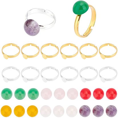 Kits de bricolaje para hacer anillos de dedo con piedras preciosas naturales, incluyendo bases de anillo de almohadilla ajustables de latón, cabujones naturales de piedra mixta, acero color oro y acero